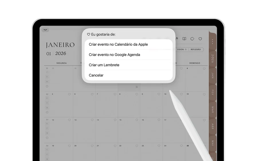 Planner aberto no iPad com o pop-up para criar evento ou lembrete