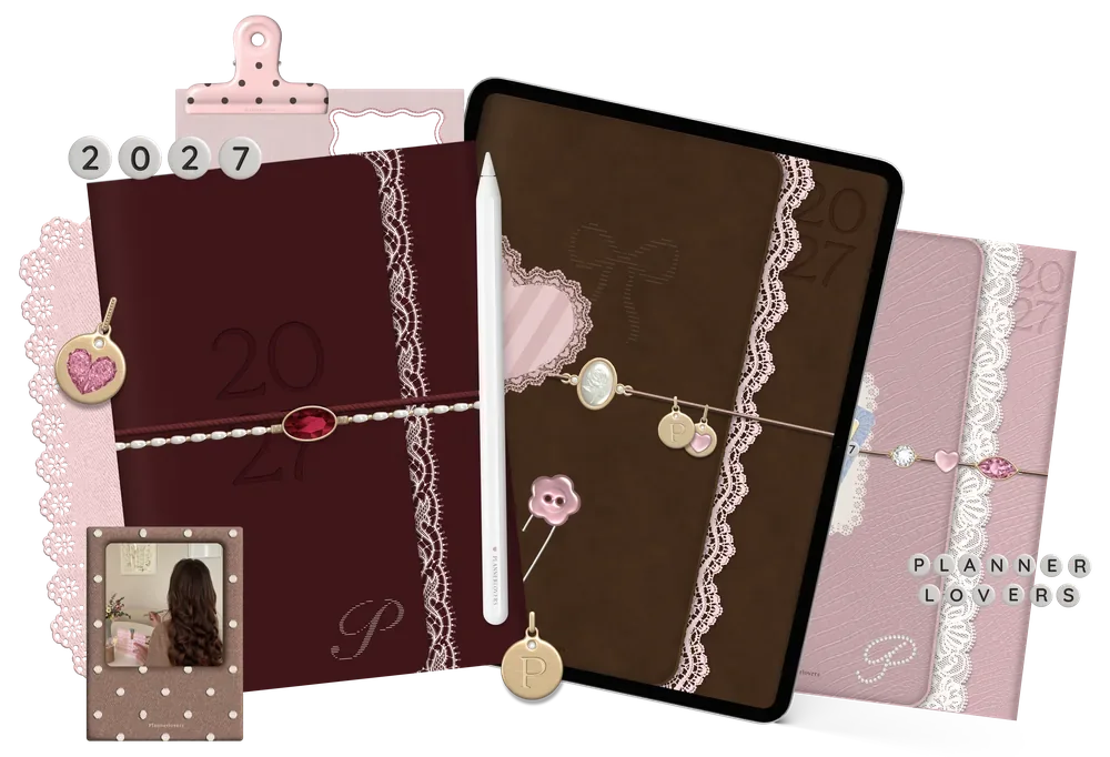 Capas do Planner Digital com charms, renda e pegadores
